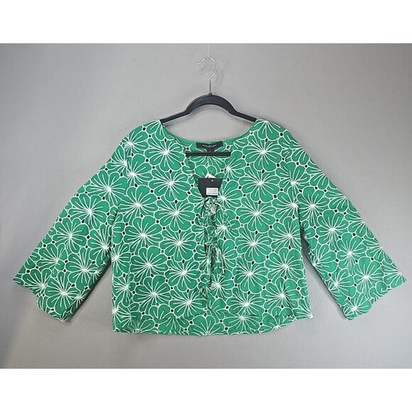 Marc New York Womens Sz L Green Top Tie Front Embroidered Floral Cotton Boho - Picture 1 of 12